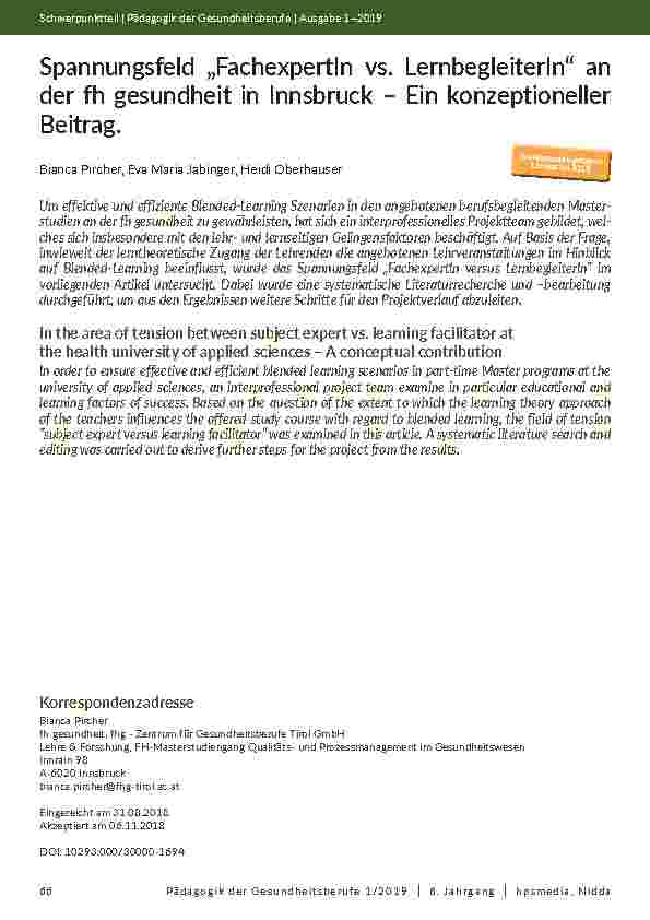 [doc_202102] Spannungsfeld „FachexpertIn vs. LernbegleiterIn“ an der fh gesundheit in Innsbruck – Ein konzeptioneller Beitrag.