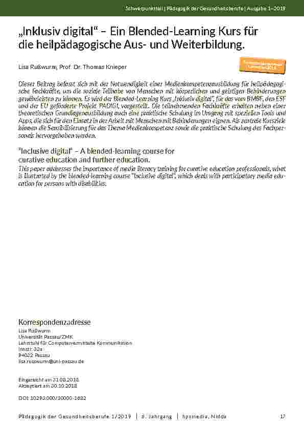 [doc_202096] „Inklusiv digital“ – Ein Blended-Learning Kurs für die heilpädagogische Ausund Weiterbildung.