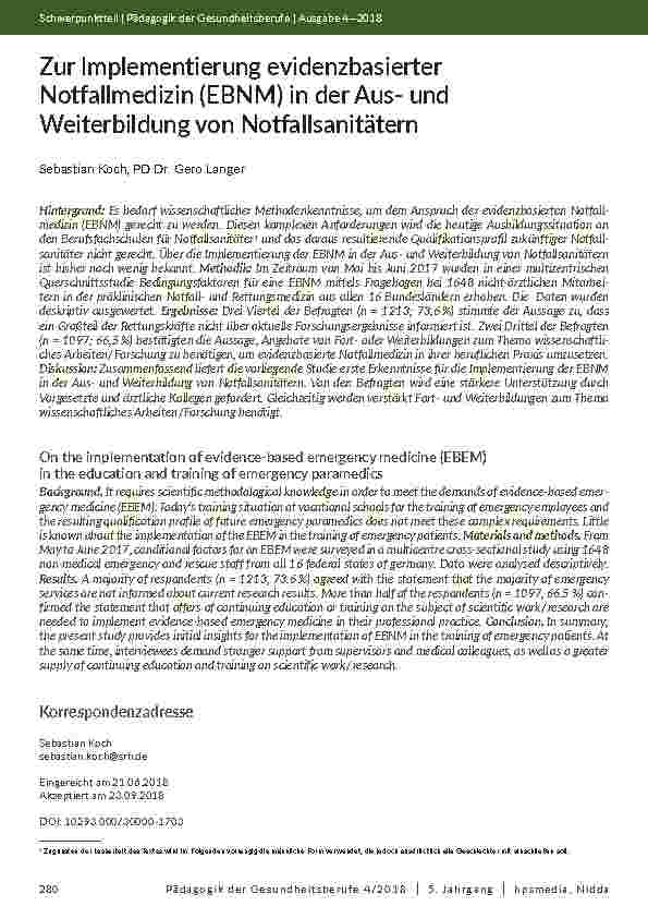 [doc_202090] Zur Implementierung evidenzbasierter Notfallmedizin (EBNM) in der Ausund Weiterbildung von Notfallsanitätern