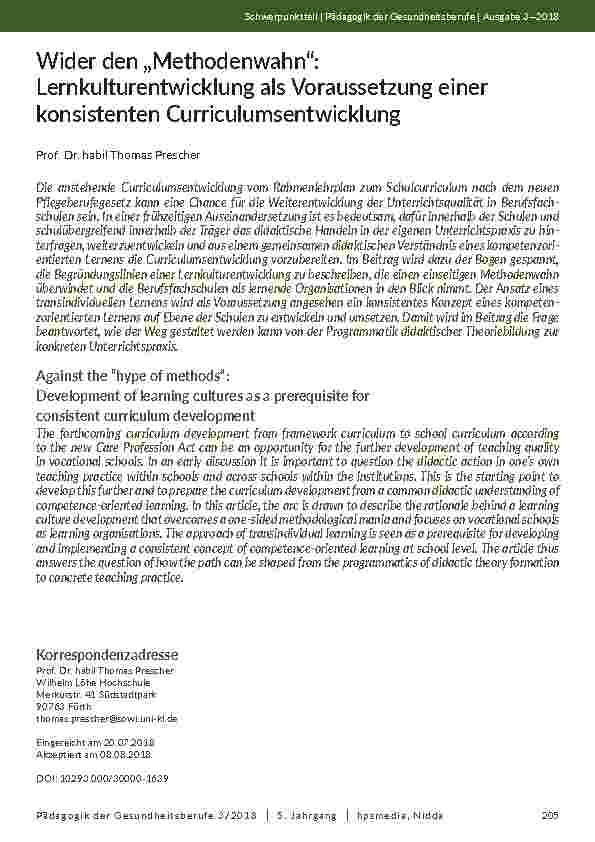 [doc_202080] Wider den „Methodenwahn“: Lernkulturentwicklung als Voraussetzung einer konsistenten Curriculumsentwicklung