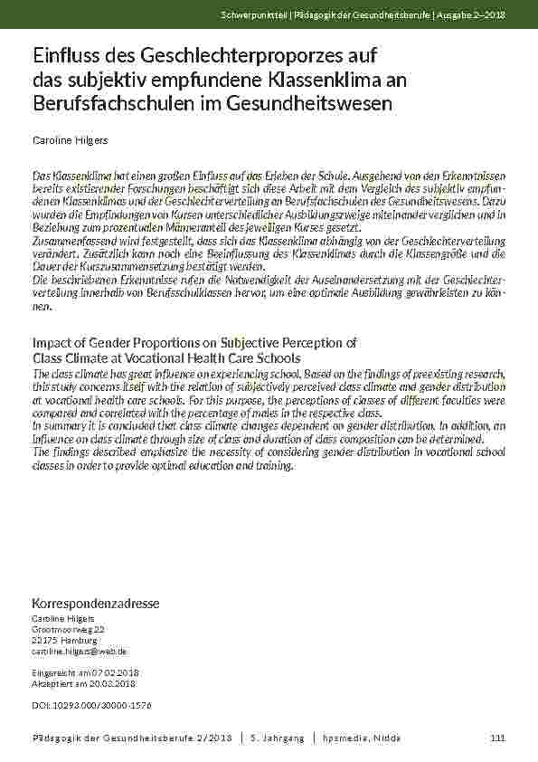 [doc_202067] Einfluss des Geschlechterproporzes auf das subjektiv empfundene Klassenklima an Berufsfachschulen im Gesundheitswesen