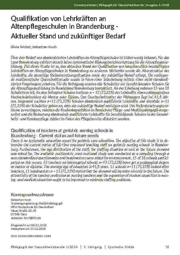 [doc_202057] Qualifikation von Lehrkräften an Altenpflegeschulen in Brandenburg - Aktueller Stand und zukünftiger Bedarf