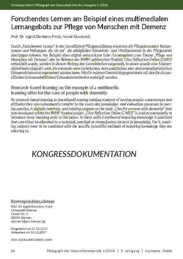 [doc_202054] Forschendes Lernen am Beispiel eines multimedialen Lernangebots zur Pflege von Menschen mit Demenz