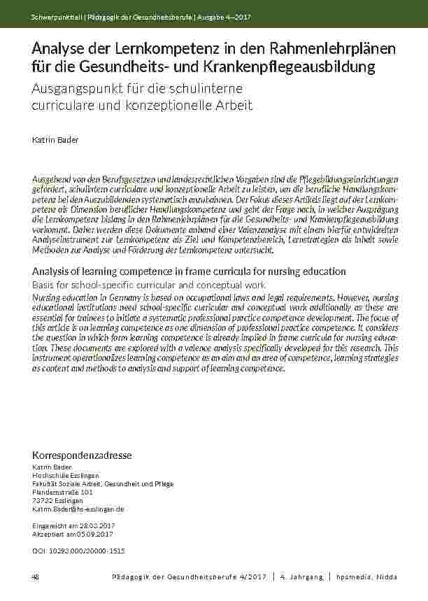 [doc_202045] Analyse der Lernkompetenz in den Rahmenlehrplänen für die Gesundheitsund Krankenpflegeausbildung. Ausgangspunkt für die schulinterne curriculare und konzeptionelle Arbeit