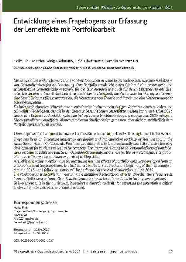 [doc_202042] Entwicklung eines Fragebogens zur Erfassung der Lerneffekte mit Portfolioarbeit