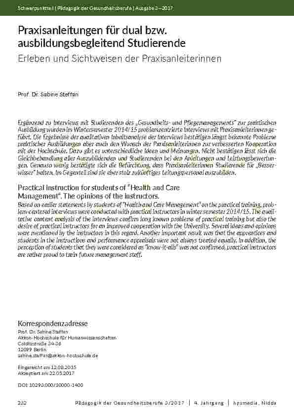 [doc_202036] Praxisanleitungen für dual bzw. ausbildungsbegleitend Studierende. Erleben und Sichtweisen der Praxisanleiterinnen