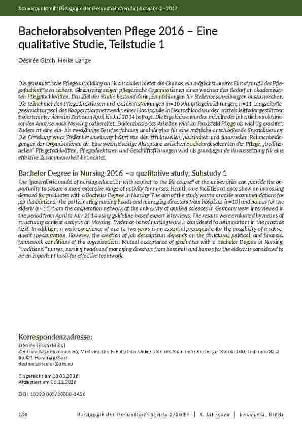 [doc_202025] Bachelorabsolventen Pflege 2016 – Eine qualitative Studie, Teilstudie 1
