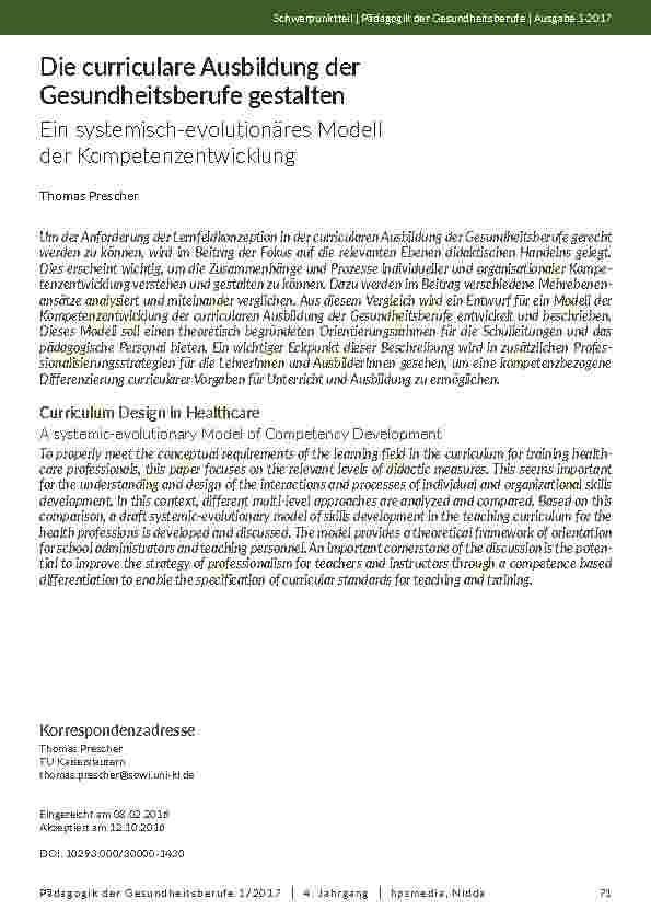 [doc_202014] Die curriculare Ausbildung der Gesundheitsberufe gestalten. Ein systemisch-evolutionäres Modell der Kompetenzentwicklung