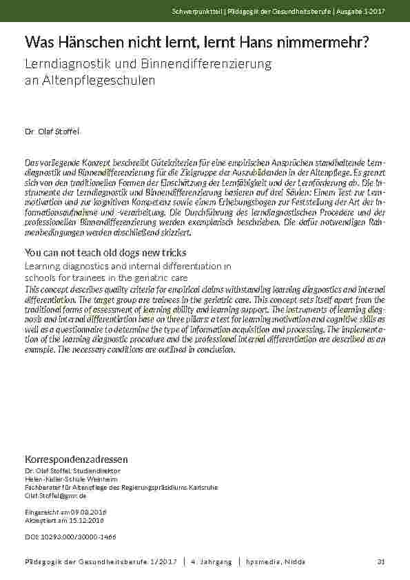[doc_202010] Was Hänschen nicht lernt, lernt Hans nimmermehr? Lerndiagnostik und Binnendifferenzierung an Altenpflegeschulen