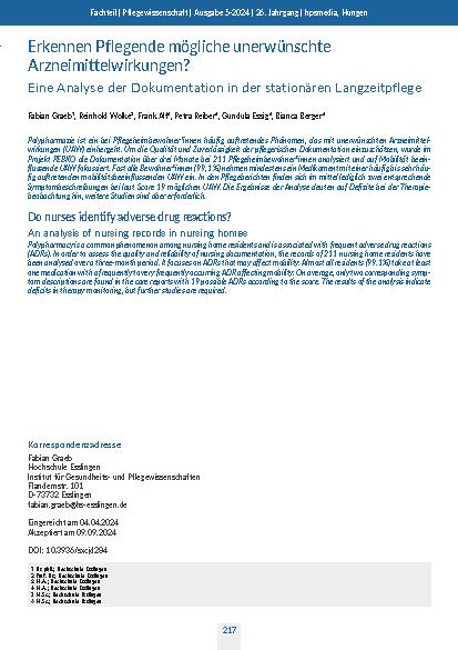 [doc_321580] Erkennen Pflegende mögliche unerwünschte Arzneimittelwirkungen? Eine Analyse der Dokumentation in der stationären Langzeitpflege.