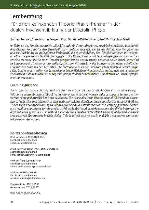 [doc_201987] Lernberatung. Für einen gelingenden Theorie-Praxis-Transfer in der dualen Hochschulbildung der Disziplin Pflege