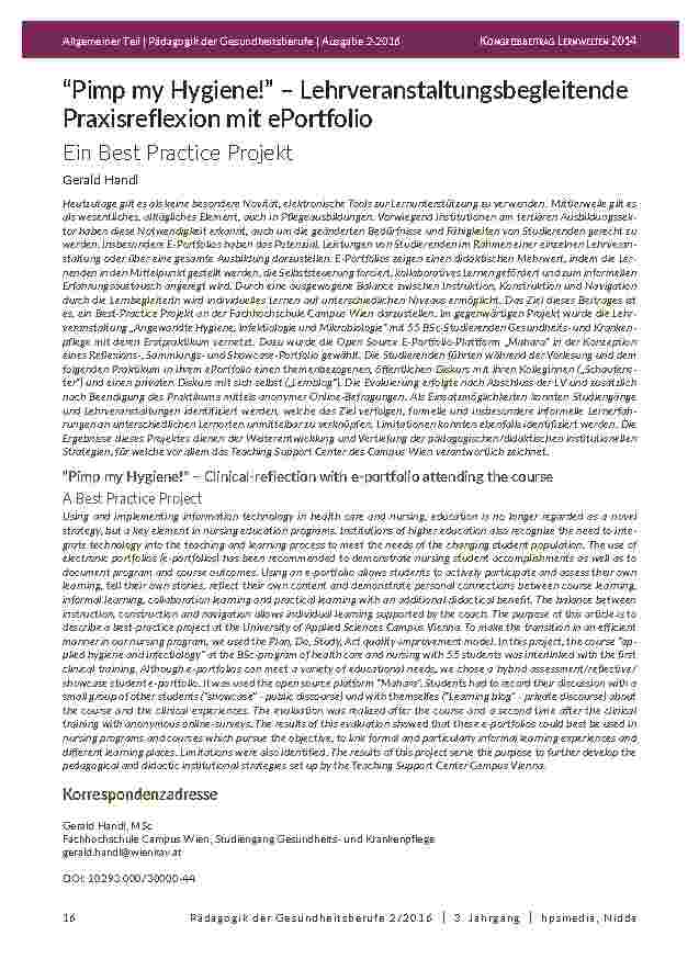 [doc_201973] “Pimp my Hygiene! ” – Lehrveranstaltungsbegleitende Praxisreflexion mit ePortfolio. Ein Best Practice Projekt
