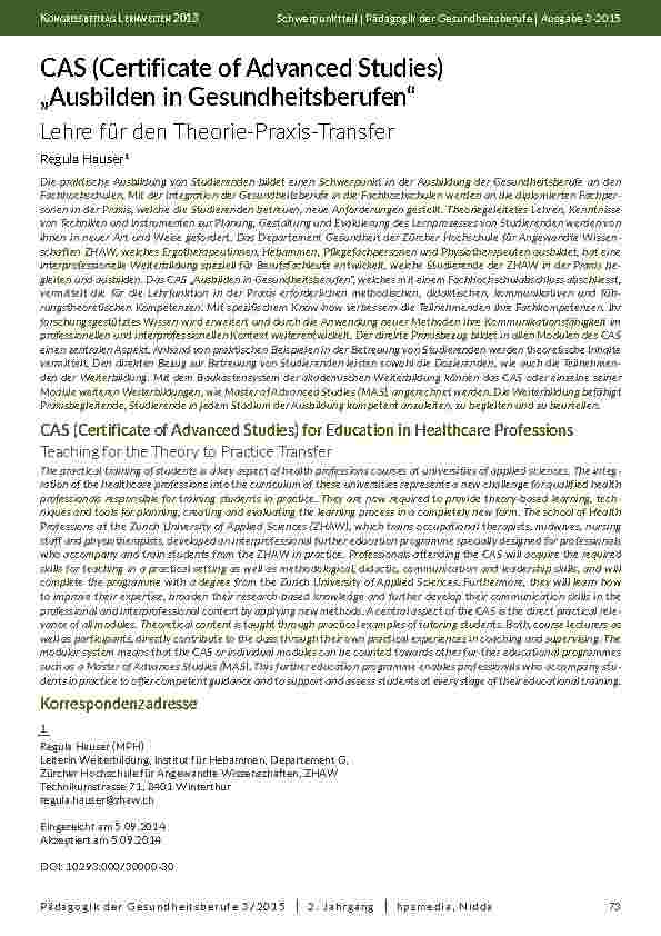 [doc_201941] CAS (Certificate of Advanced Studies) „Ausbilden in Gesundheitsberufen“ Lehre für den Theorie-Praxis-Transfer