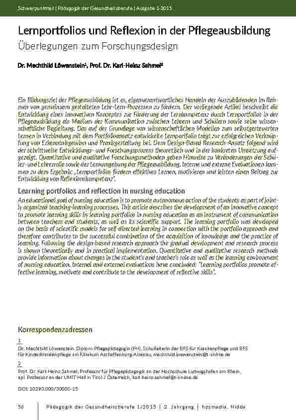 [doc_201911] Lernportfolios und Reflexion in der Pflegeausbildung Überlegungen zum Forschungsdesign