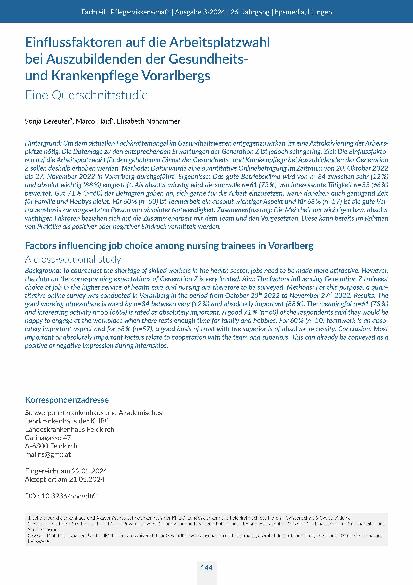 [doc_317944] Einflussfaktoren auf die Arbeitsplatzwahl bei Auszubildenden der Gesundheitsund Krankenpflege Vorarlbergs: Eine Querschnittstudie