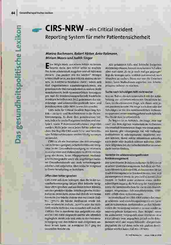 [doc_180756] CIRS-NRW -ein Critical Incident Reporting System für mehr Patientensicherheit