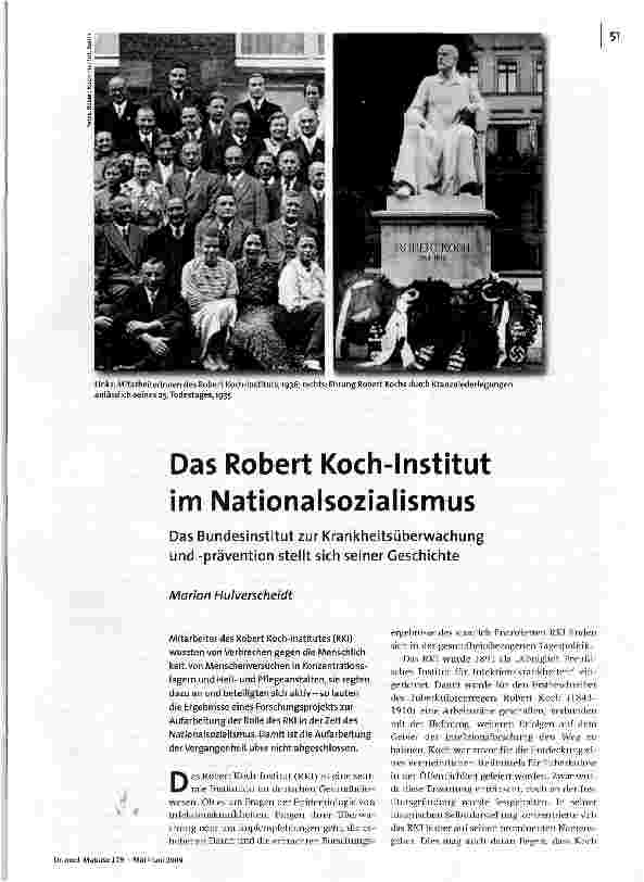 [doc_110436] Das Robert Koch-Institut im NationalsozialismusDas Bundesinstitut zur Krankheitsüberwachung und -prävention stellt sich seiner Geschichte
