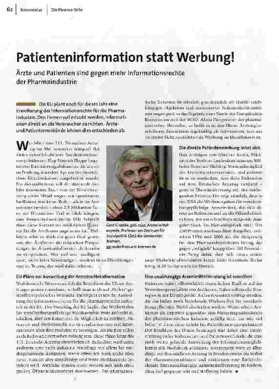 [doc_105136] Patienteninformation statt Werbung!Ärzte und Patienten sind gegen mehr Informationsrechte der Pharmaindustrie