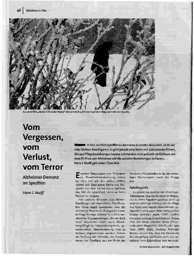 [doc_93054] Vom Vergessen, vom Verlust, vom TerrorAlzheimer-Demenz im Spielfilm