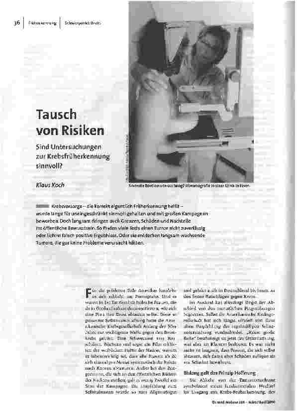 [doc_89749] Tausch von RisikenSind Untersuchungen zur Krebsfrüherkennung sinnvoll?