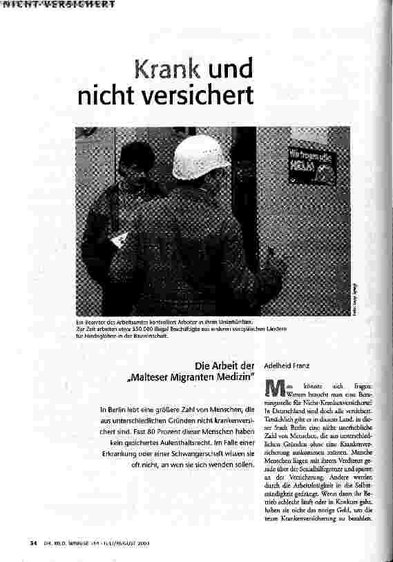 [doc_68542] Krank und nicht versichert Die Arbeit der Malteser Migranten Medizin