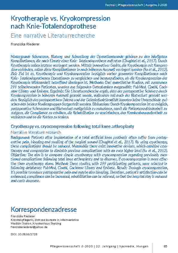 [doc_205501] Kryotherapie vs. Kryokompression nach Knie-Totalendoprothese: Eine narrative Literaturrecherche
