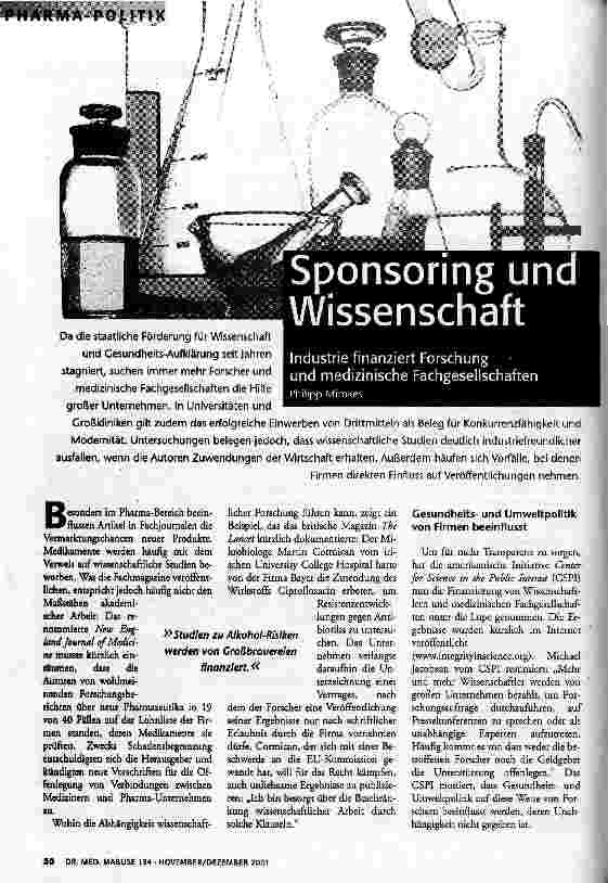 [doc_60645] Sponsoring und Wissenschaft Industrie finanziert Forschung und medizinische Fachgesellschaften
