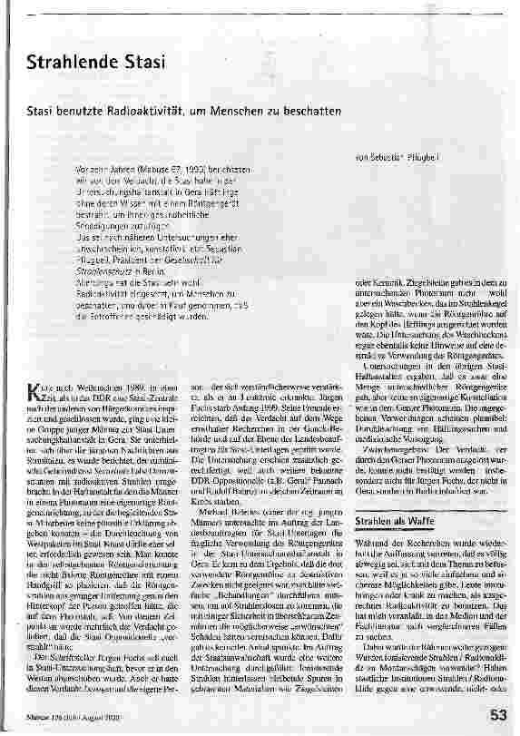[doc_54109] Strahlende Stasi Stasi benutzte Radioaktivität, um Menschen zu beschatten