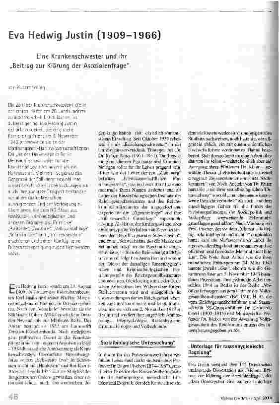 [doc_52879] Eva Hedwig Justin (1909 - 1966) Eine Krankenschwester und ihr Beitrag zur Klärung der Asozialenfrage