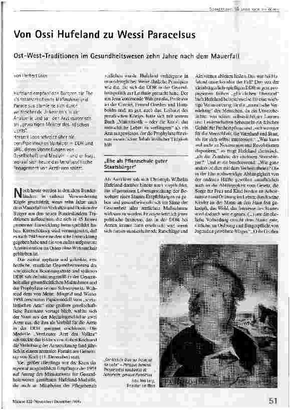 [doc_51527] Von Ossi Hufeland zu Wessi Paracelsus Ost-West-Traditionen im Gesundheitswesen zehn Jahre nach dem Mauerfall