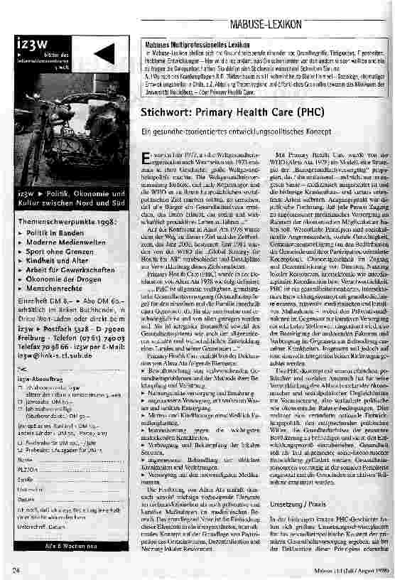[doc_46701] Mabuses Multiprofessionelles Lexikon: Stichwort: Primary Health Care (PHC) Ein gesundheitsorientiertes entwicklungspolitisches Konzept