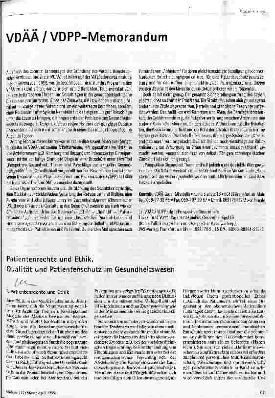[doc_44912] VDÄÄ/VDPP-Memorandum Patientenrechte und Ethik, Qualität und Patientenschutz