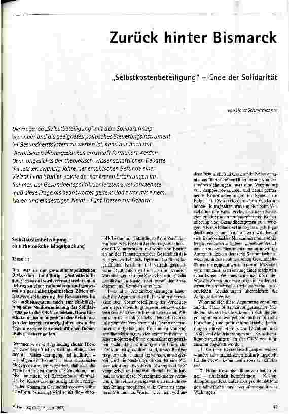 [doc_42048] Zurück hinter Bismarck Selbskostenbeteiligung - Ende der Solidarität