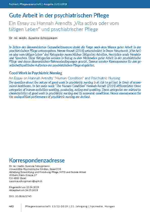 [doc_201810] Gute Arbeit in der psychiatrischen Pflege. Ein Essay zu Hannah Arendts „Vita activa oder vom tätigen Leben“ und psychiatrischer Pflege