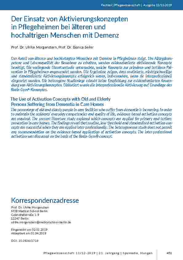 [doc_201809] Der Einsatz von Aktivierungskonzepten in Pflegeheimen bei älteren und hochaltrigen Menschen mit Demenz