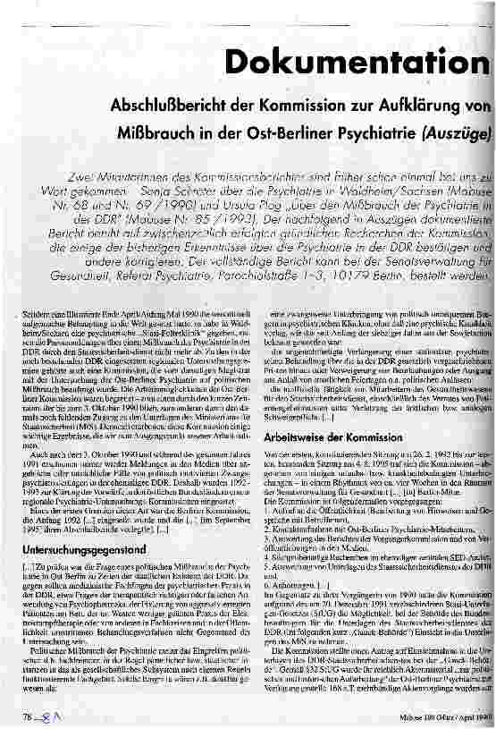 [doc_37124] Dokumentation Abschlußbericht der Kommission zur Aufklärung von Mißbrauch in der Ost-Berliner Psychiatrie (Auszüge)