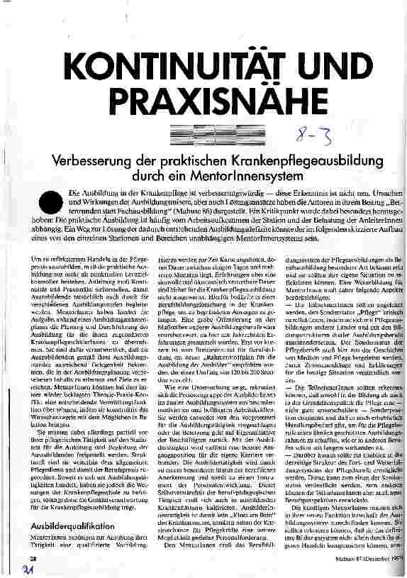 [doc_31047] Kontinuität und Praxisnähe Verbesserung der praktischen Krankenpflegeausbildung durch ein MentorInnensystem