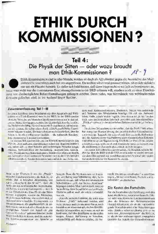 [doc_23072] Ethik durch Kommissionen? - Teil 4 Die Physik der Sitten - oder wozu braucht man Ethik-Kommissionen