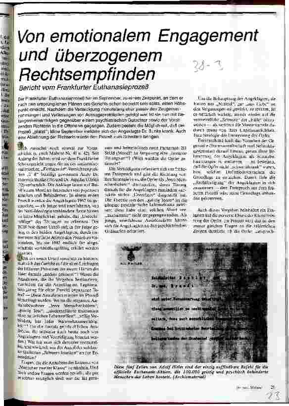 [doc_13193] Vom emotionalem Engagement und überzogenem Rechtsempfinden Bericht vom Frankfurter Euthanasieprozeß