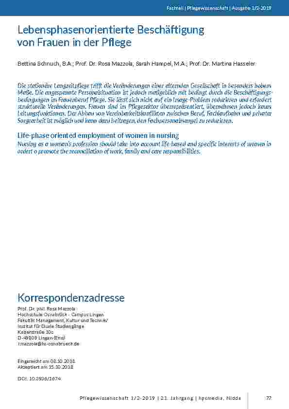 [doc_201746] Lebensphasenorientierte Beschäftigung von Frauen in der Pflege