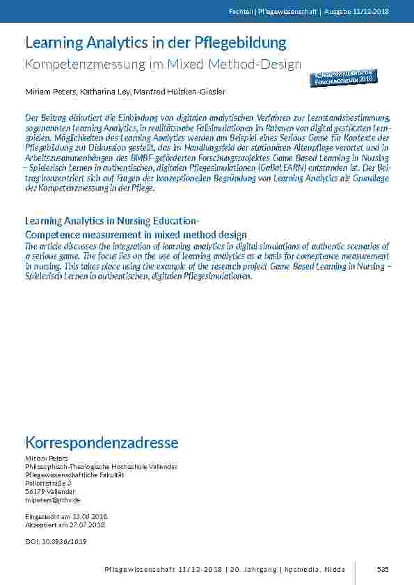 [doc_201731] Learning Analytics in der Pflegebildung. Kompetenzmessung im Mixed Method-Design