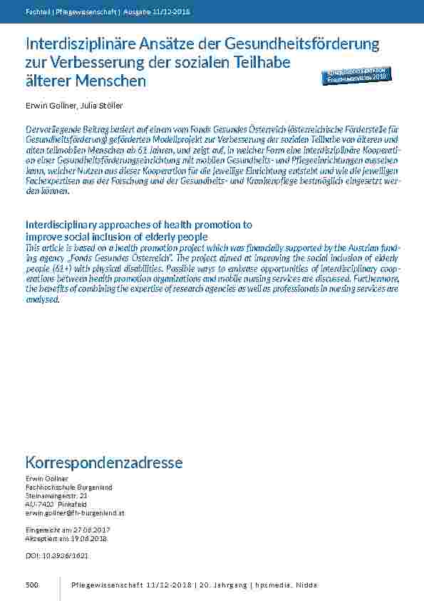 [doc_201728] Interdisziplinäre Ansätze der Gesundheitsförderung zur Verbesserung der sozialen Teilhabe älterer Menschen