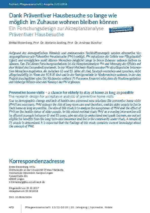 [doc_201725] Dank Präventiver Hausbesuche so lange wie möglich im Zuhause wohnen bleiben können. Ein Forschungsdesign zur Akzeptanzanalyse Präventiver Hausbesuche