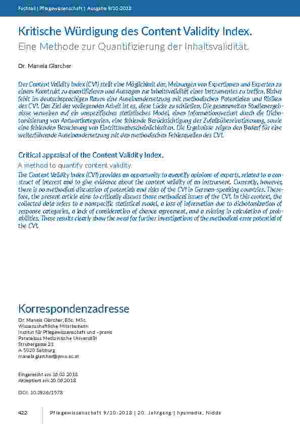 [doc_201716] Kritische Würdigung des Content Validity Index. Eine Methode zur Quantifizierung der Inhaltsvalidität