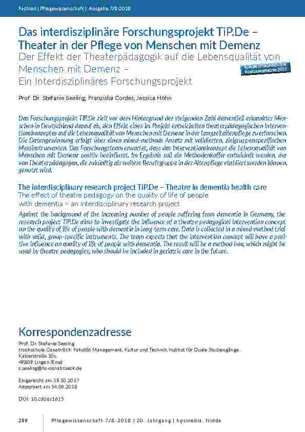 [doc_201696] Das interdisziplinäre Forschungsprojekt TiP.De –Theater in der Pflege von Menschen mit Demenz