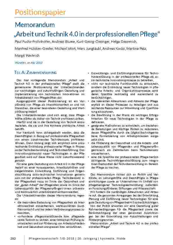 [doc_201694] Positionspapier: Memorandum „Arbeit und Technik 4.0 in der professionellen Pflege“