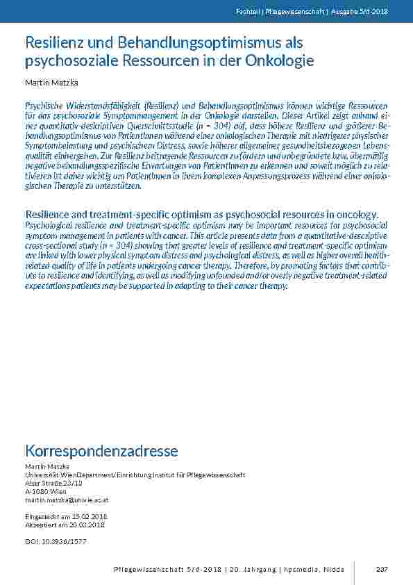 [doc_201686] Resilienz und Behandlungsoptimismus als psychosoziale Ressourcen in der Onkologie