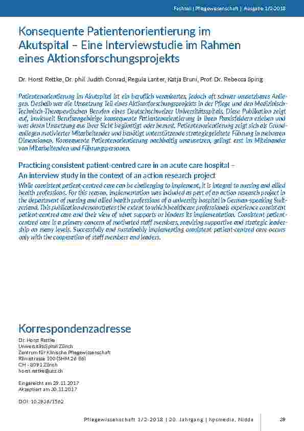 [doc_201656] Konsequente Patientenorientierung im Akutspital – Eine Interviewstudie im Rahmen eines Aktionsforschungsprojekts
