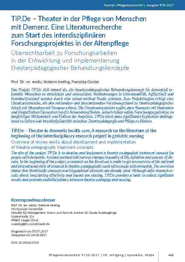 [doc_201630] TiP.De – Theater in der Pflege von Menschen mit Demenz. Eine Literaturrecherche zum Start des interdisziplinären Forschungsprojektes in der Altenpflege