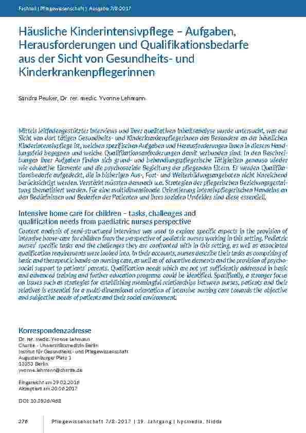 [doc_201619] Häusliche Kinderintensivpflege – Aufgaben, Herausforderungen und Qualifikationsbedarfe aus der Sicht von Gesundheitsund Kinderkrankenpflegerinnen